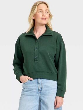 Universal Thread Dark Green Button-Front Pullover Sweatshirt
